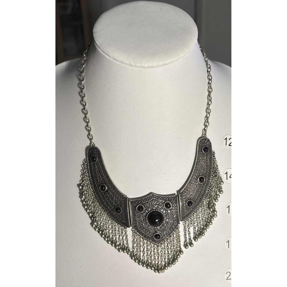 Silver Tone Bib Statement Necklace Black Cabochon Chain Fringe Boho Tribal 16"